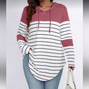 SHEIN Pink and White Striped Hoodie
